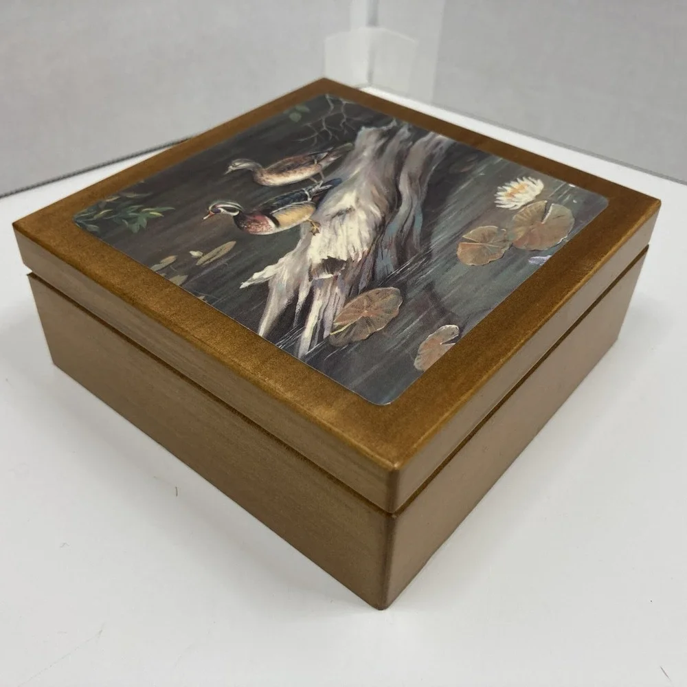 Vintage Duck Box Coaster Set Cork Back Wood Box 1970s with‎ 3 Coasters
